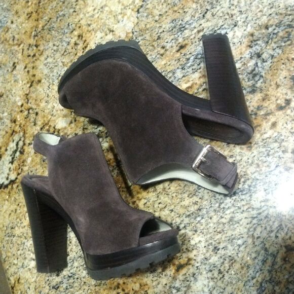 Michael Kors Chunky High Heels Brown Suede Leather Buckle Back Mules Womens 8 - Picture 9 of 12